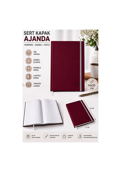 Kaliteli Tarihsiz Ajanda Not Defteri A5 14x20cm 1 Adet Lizz Ofs180l Çizgili Lastili Sert Kapak 168 Yaprak Ciltli Bordo