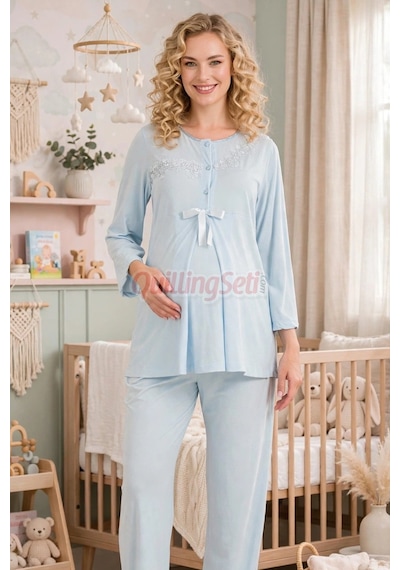 Quilling Lady Bebe Mavi Renkli, Dantel Detaylı 33209 Uzun Kol, 2 Parça Lohusa Hamile Pijama Takımı Açık Mavi M - L