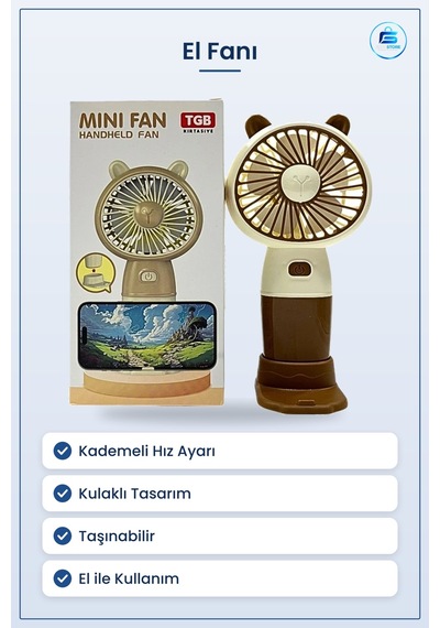 El Fanı Kulaklı Mini Vantilatör Kademeli Hız Ayarlı Taşınabilir K