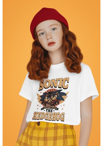 Sevbano Tasarım Sonic The Hedgehog Baskılı Unisex Çizgi Film Çocuk Tişört Beyaz