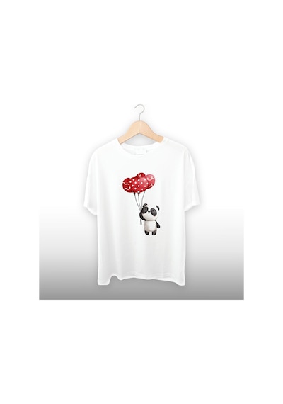 Panda Balonlar Detaylı Unisex Tişört Beyaz
