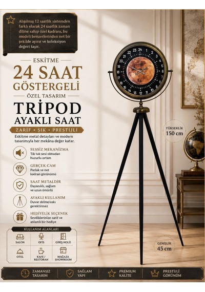 Eskitme 24 Saat Göstergeli Özel Tasarım Tripod Ayaklı Saat 24 Saat Göstergeli Bakır Kadran