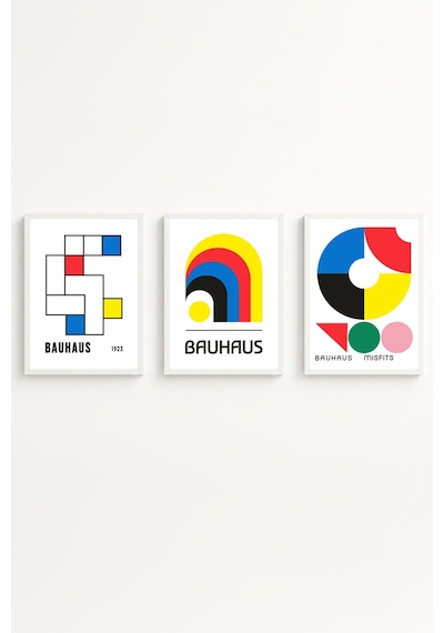 Beyaz Ahşap Çerçeveli 3'lü Bauhaus Tablo Huhu525