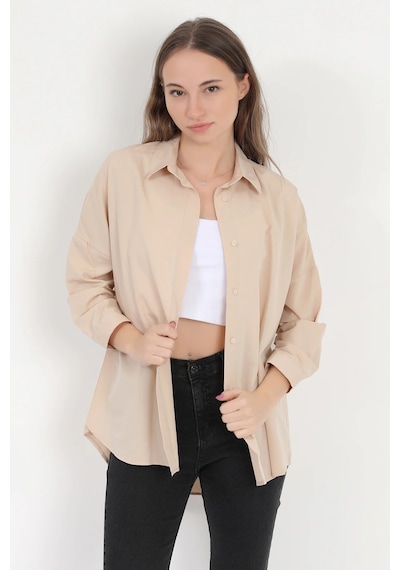Giysa Kadın Bej Uzun Kollu Basic Pamuklu Oversize Gömlek - 3900 Bej