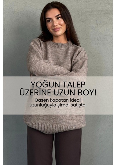 Madmext Vizon Bisiklet Yaka Oversize Uzun Kadın Triko Kazak Mg2890