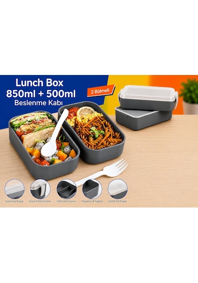 Lexroo Dordoi Astrallife 2 Katlı Beslenme Kabı 850 Ml + 500 Ml Bölmeli Lunch Box Çatal Kaşık Seti Çok Renkli