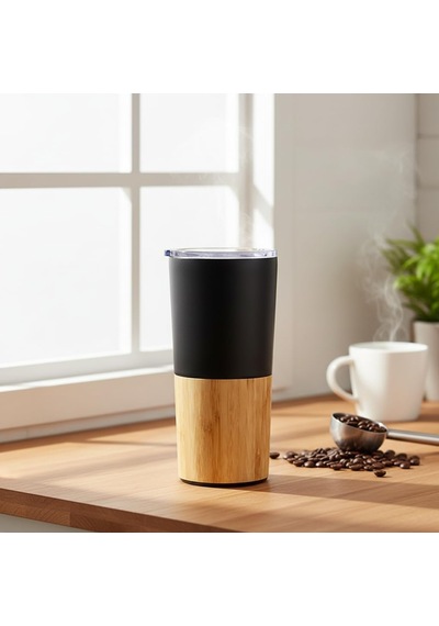 600 Ml Bambu Tabanlı Çelik Termos Mug - 5 Farklı Renk Seçenekli Sıcak Ve Soğuk Tutucu Seyahat Bardağı Siyah Çok Renkli