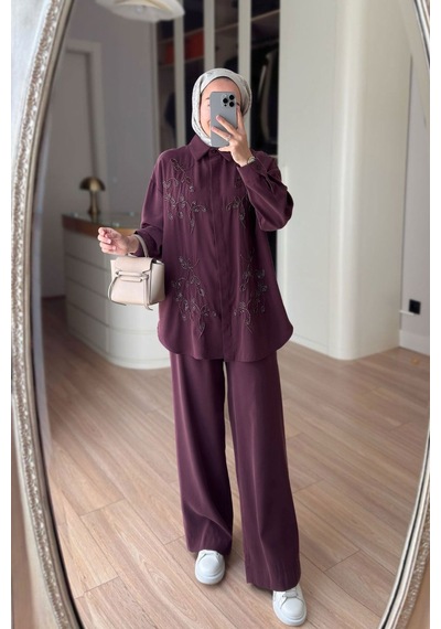 Ka Hijab Boncuk İşlemeli İkili Takım - Mürdüm