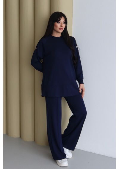Balenbi Omuz Çıtçıt Detaylı Bisiklet Yaka Oversize Modal Tesettür Takım 1178 Lacivert