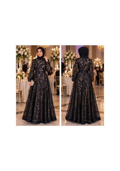 Gül&can Butik Tesettür Abiye Üstü Tüllü Alti Saten Şık Abiye Lacivert