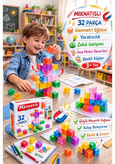 Magnetic Renkli Küp Blok İnşa Seti 32 Parça Geometri Eğitimi Stem 3+ 2 Cm Küpler