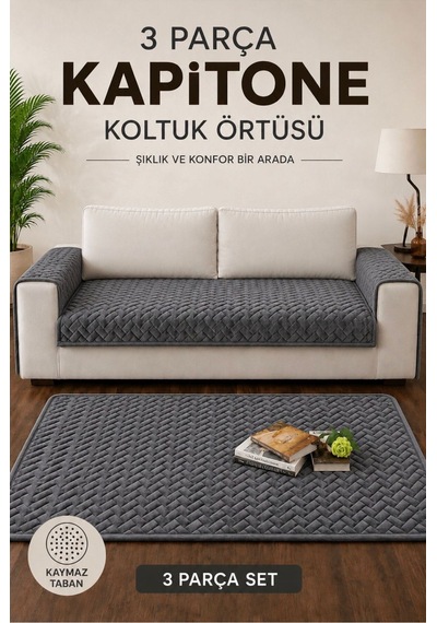 3 Parça Kaymaz Taban Kapitone Koltuk Örtüsü Takımı Çekyat Kanepe Seti Füme Füme