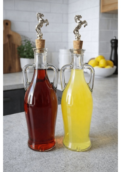2'li Amfora Model At Mantar Tıpalı Cam Yağ Şişesi - 750ml. Şeffaf Sirke Limon Suyu Şişesi - Gümüş Şahlanan At Şeffaf