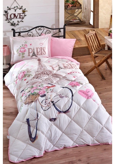 Clasy %100 Pamuk Tek Kişilik Uyku Seti Lastikli Çarşaflı Paris Love V1 Pudra Pudra