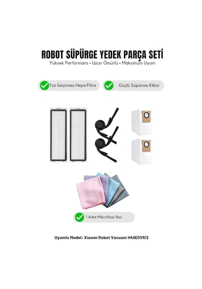 Robot Vacuum H40 Ov51 İle Uyumlu 2 Yan Fırça 2 Filtre 2 Toz Torbası 1 Temizlik Bezi 13.0