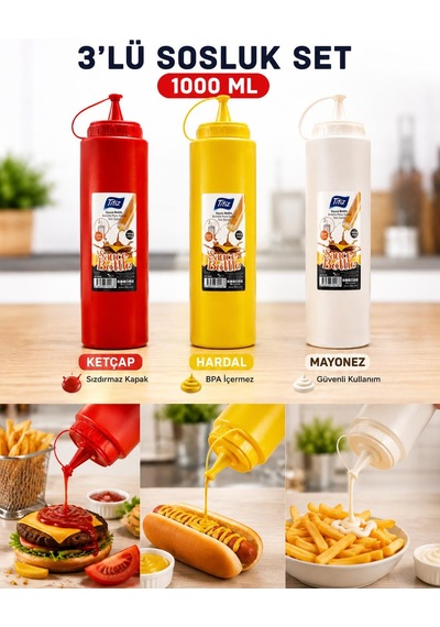 Titiz 3 Lü 1000 Ml Sos Şişesi Seti Sızdırmaz Kapaklı Sarı Kırmızı Şeffaf