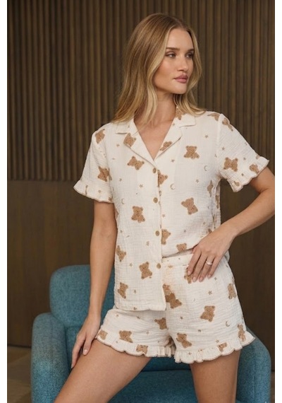 Kadın Casual Rahat Desenli Kar Beyaz Pijama Takımı