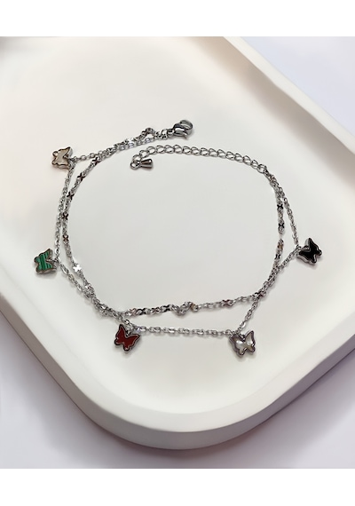 Kadın Renkli Kelebekler Model Çelik Halhal Silver