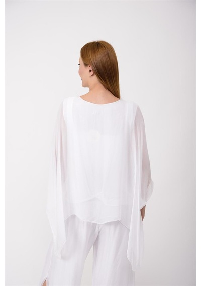 Bohem Stil İtalyan Yarasa Kol İpek Bluz & Pantolon Takım-8767 Beyaz
