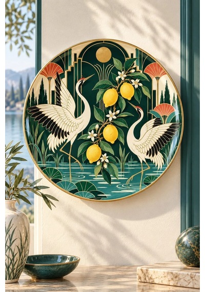 Dekoratif Duvar Tabağı Limonlu Art Deco Bahçe Dekorlu Seramik Tabak Gri
