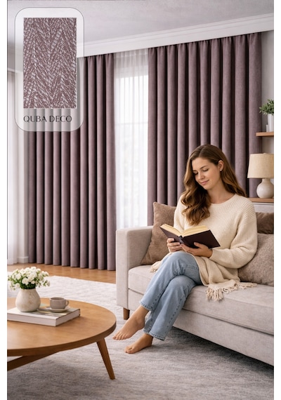 Balıksırtı Dokulu Premium Jakar Fon Perde Salon Oturma Odası Yatak Odası Çocuk Odası Mor