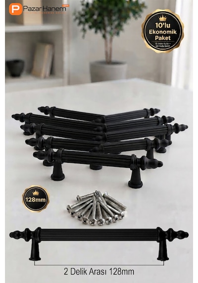 Sude Model Siyah Sürgülü/çekmece Mobilya Kulpu - 10'lu Ekonomik Set 96 Mm Ve 128 Mm Seçenekli + Vidaları Dahil Siyah 128 Mm