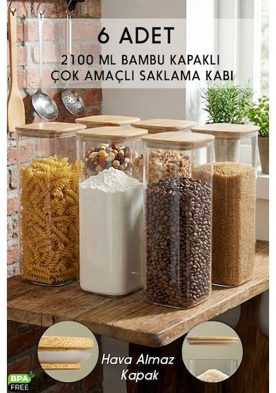 Bambu Kapaklı Kare 6 Lı 2100 Ml Hava Geçirmez Gıda Saklama Kabı Seti 2.1 Litre Büyük Boy Erzak Şeffaf
