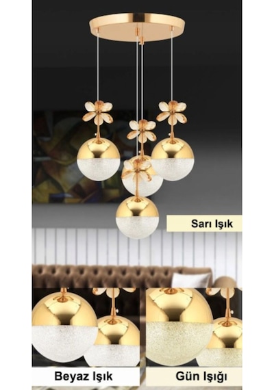 4'lü Şeker Toplu Rose Gold Kristal Taşlı 3 Renk Ledli Sarkıt Avize Altın