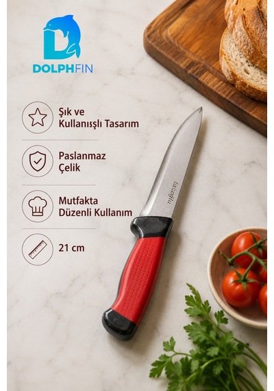 21 Cm Paslanmaz Çelik Çok Amaçlı Mutfak Bıçağı Ergonomik Saplı Kırmızı Siyah