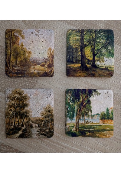 Sonbahar Ağaçları Doğal Taş Bardak Altlığı 4'lü Set - Natural Stone Coasters - Taş Çok Renkli