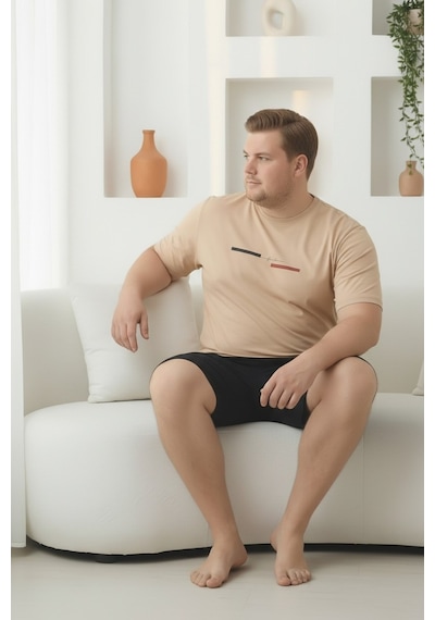 Seboteks %100 Pamuklu Kısa Kollu Cepli Büyük Beden Erkek Şortlu Pijama Takımı 2035 Bej