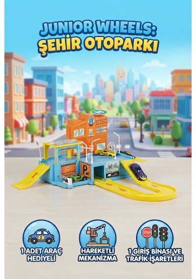 Junior Wheels Şehir Otoparkı 2 Katlı Oyuncak Araba Otopark Seti 1 Araç Ve 6 Trafik Levhası Hediyeli Çok Renkli