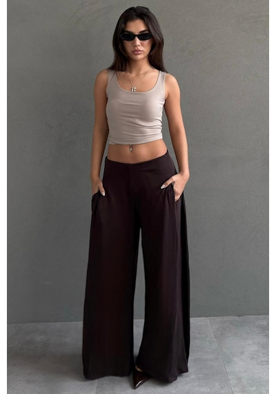 Madmext Kahverengi Dökümlü Cepli Krep Kumaş Wide Leg Pantolon Mg2668 Kahverengi