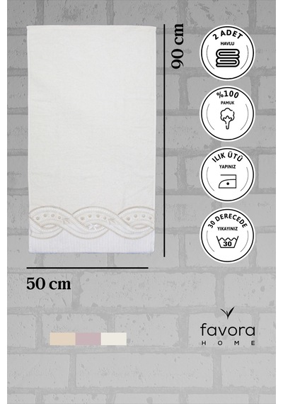 %100 Pamuk Fiyonk Güpürlü Çeyizlik 2'li Havlu 50x90 - Krem Krem
