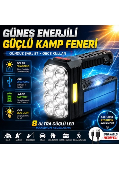 Güneş Enerjili Kamp Lambası 8'li Ultra Güçlü Led Yan Işık Usb Solar Kamp Balıkçılık Acil Durum Fener Siyah