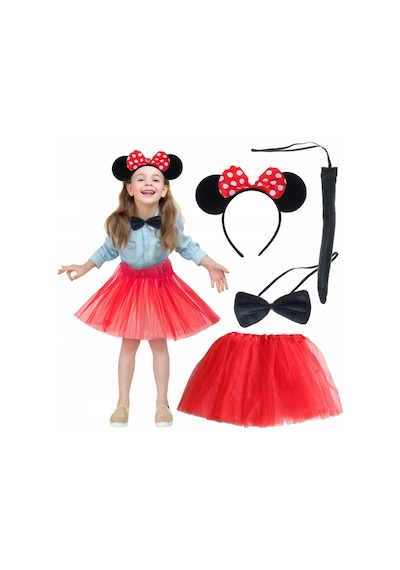 Veraura Lifestyle Minnie Mouse Kostüm Seti Etek Taç Kuyruk Papyon Gösteri Seti Kırmızı