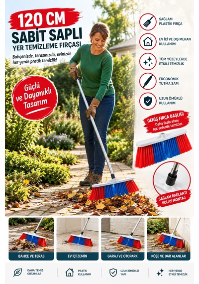 120 Cm Metal Saplı 40 Cm Sert Kıllı Bahçe Fırçası Otopark Garaj Zemin Temizlik Fırçası Seti
