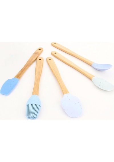 Ayrex Meturas Mutfak Bambu Silikon Isıya Dayanıklı Kaşık Kepçe Takımı 5 Li Set Spatula & Fırça Mavi