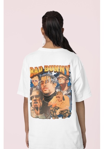 Bad Bunny Rapper Sırt Baskılı Unisex Oversize Şarkıcı Tişört Beyaz