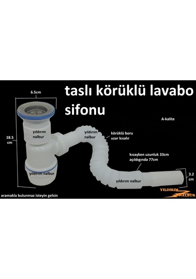Lavabo Borusu Taslı Körüklü Sifon Uzun Lavabo Gideri