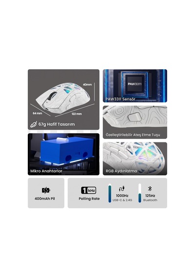 Aula Sc620 Paw3311 Sensör 12000 Dpı 1000hz Kablolu Ve Kablosuz Gaming Oyuncu Mouse Desenli Beyaz