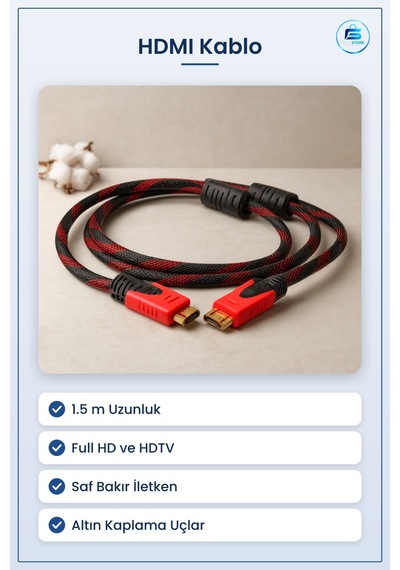 Hdmı Kablo 1.5 M Örgülü Full Hd Hdtv Saf Bakır Altın Kaplama Uçlu