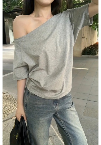 Cool Tarz Gri Kadın Düşük Omuz Kayık Yaka Oversize T-shirt Gri Gri