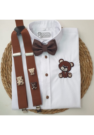Coolpartyshop Erkek Çocuk Ayıcık Konseptli Askı Papyon Gömlek Kahverengi