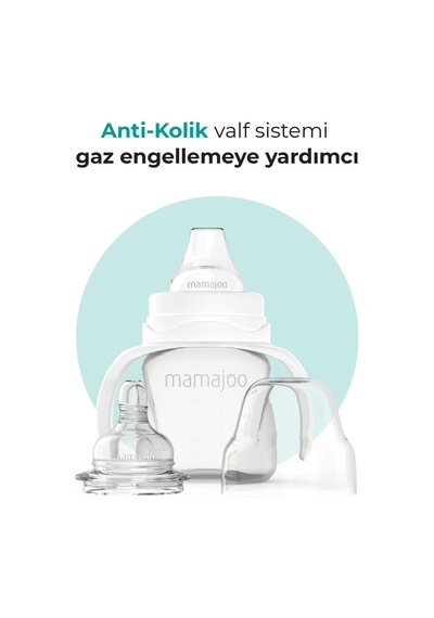 Mamajoo Kulplu Antikolik Alıştırma Biberonu 160 ml 6 Ay+ | Orta Akışlı, 2-in-1