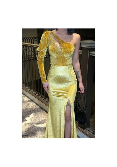 DefyModa Kadın Minimal Tasarım Tek Omuz Taş Detaylı Abiye Elbise Sarı
