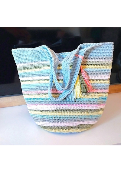 Kemzey Handmade Çizgili Büyük Kol Çantası , El Yapımı Örgü Çanta Soft Pembe