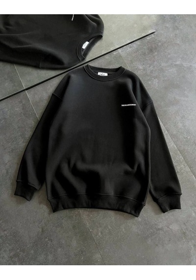 Mbb E-ticaret Kadın 3 İplik Kışlık Pamuklu Bisiklet Yaka Oversize Baskılı Sweatshirt - Siyah