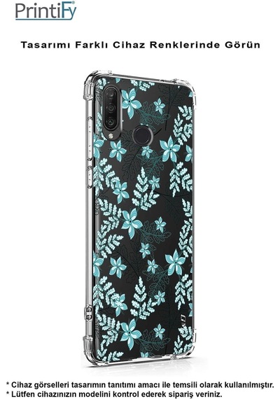 Vivo Y16 Uyumlu Köşe Korumalı Floral Su Yeşili Tasarımlı Şeffaf Silikon Kılıf