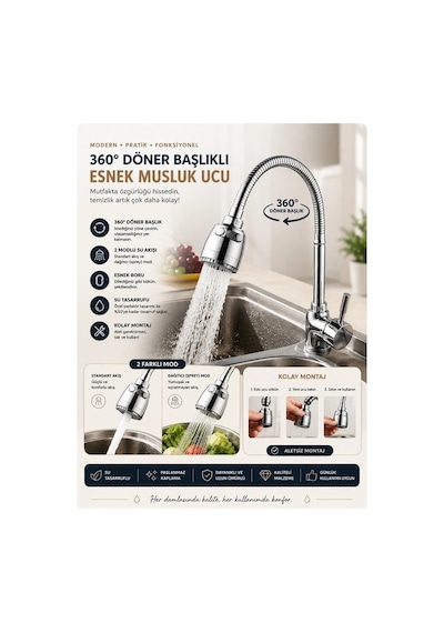 Esnek Spiralli Kuğu Musluk Borusu - Çift Fonksiyonlu Krom Mutfak Lavabo Başlığı
